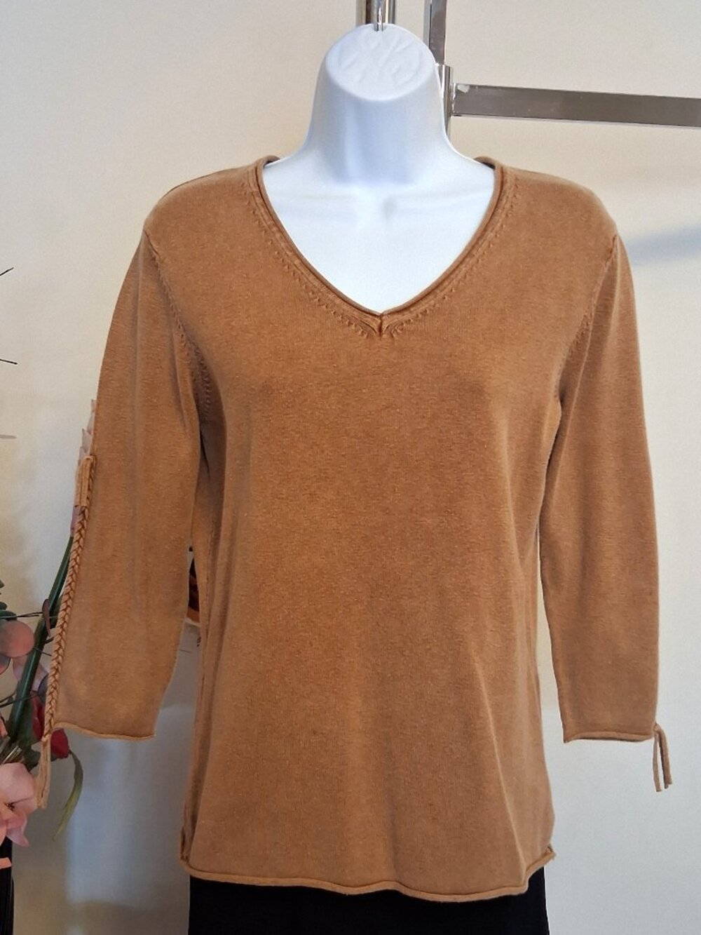 Soft Knit 100% Cotton Cardigan Sweater ¾ Sleeves Size M Yellow